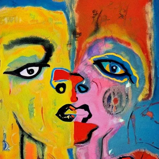 Prompt: beautiful painting of two bizarre psychedelic women kissing each other closeup in a cafe in japan, speculative evolution, mixed media collage by basquiat and jackson pollock, magazine collage art, sapphic art, lesbian art