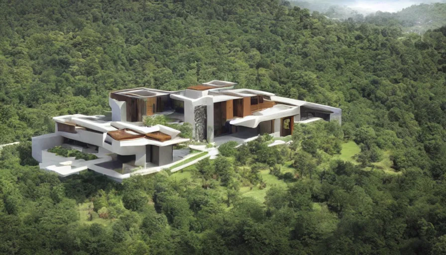 Prompt: villa inspired by tibetan architecture, on a green hill, overlooking a valley with trees, frank lloyd wright, zaha hadid, le corbeusier, photorealistic, birds eye view