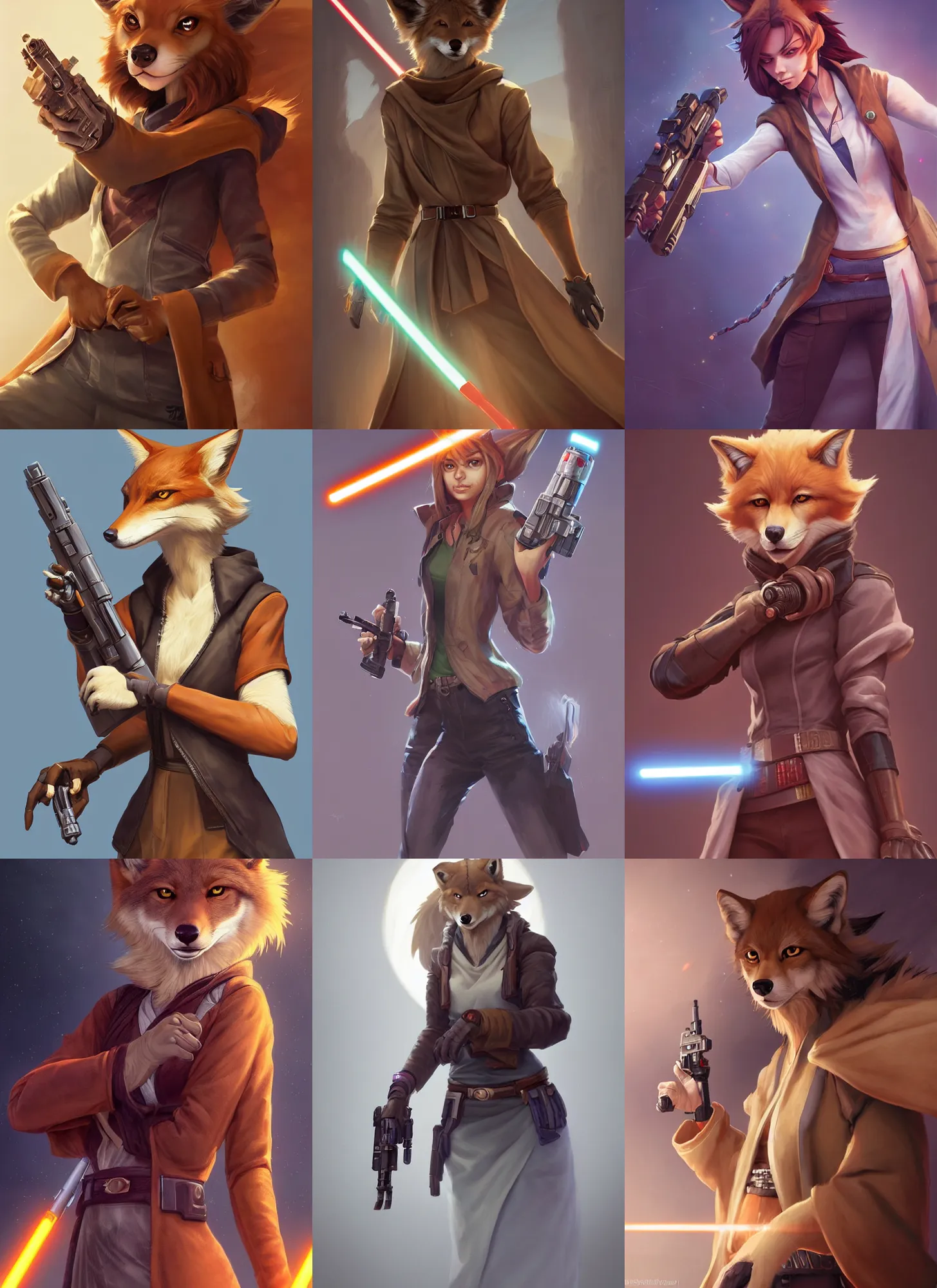 Prompt: beautiful portrait of a female anthropomorphic coyote fursona wearing jedi robes holding a blaster pistol in her right hand. detailed hands. character design by charlie bowater, ross tran, artgerm, and makoto shinkai, detailed, soft lighting, rendered in octane