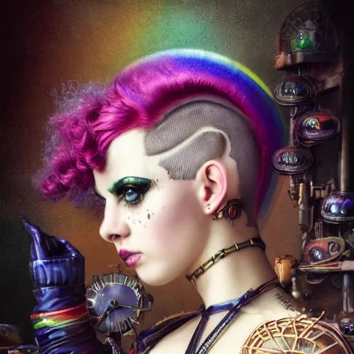 Image similar to photorealistic render of a curiosities carnival, single young beautiful dollpunk posing in a full steampunk corset, cyberpunk dyed haircut, looking at camera, symmetry accurate features, focus, rainbow lighting, very intricate details, award winning masterpiece, by tom bagshaw