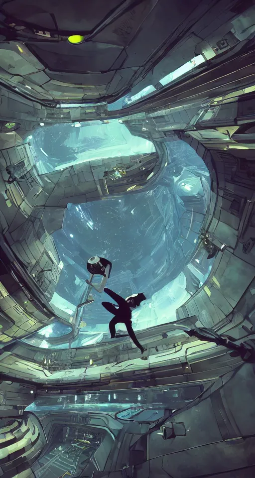 Prompt: A beautiful artwork illustration, level design, third person, a parkour course in a space ship, featured on artstation, wide angle, vertical orientation