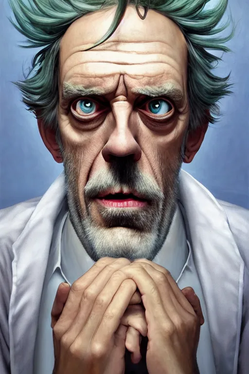 Prompt: Hugh Laurie as crazy genius Rick Sanchez from Rick and Morty, unibrow, white robe, big eyes, realistic portrait, symmetrical, highly detailed, digital painting, artstation, concept art, smooth, sharp focus, illustration, cinematic lighting, art by artgerm and greg rutkowski and alphonse mucha