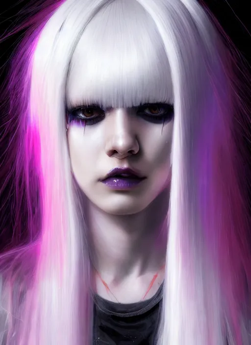 Image similar to hair whitebangs hair, black cyberlox, portrait of teenage girl with white bangs, whitebangsblackhair, messy bangs, cyberlox, whitebangs, red irises, purple clothes, intricate, elegant, glowing lights, highly detailed, digital painting, artstation, concept art, sharp focus, illustration, art by wlop, mars ravelo and greg rutkowski