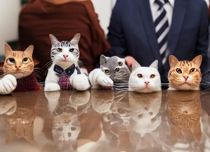 Prompt: photo of a management board meeting of well dressed cats. Highly detailed 8k. Intricate. Sony a7r iv 55mm. Stock photo.