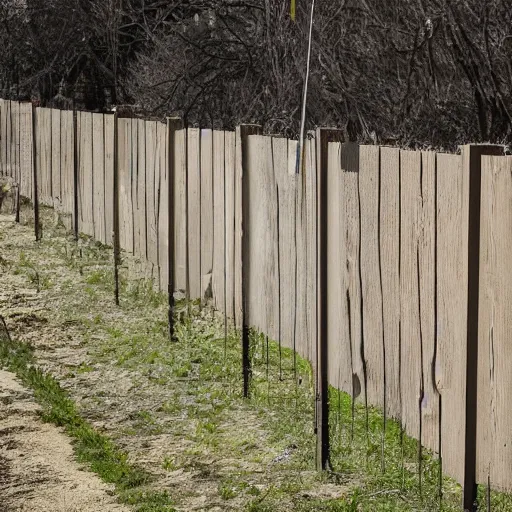 Prompt: a dirty wooden fence lined with missing children posters