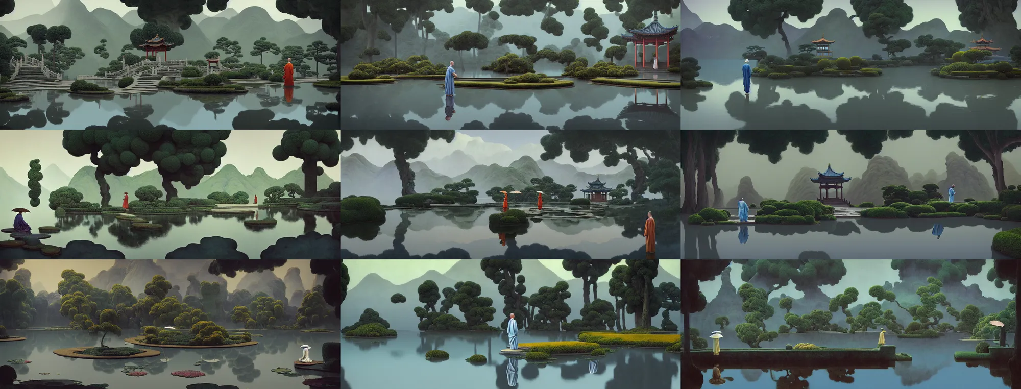 Prompt: a gorgeous landscape painting by barlowe wayne maxfield parrish and marco mazzoni. rainy mood!! lens water. chinese temple. just one lonely chinese monk in grey blue long gown walks on the winding steps. lotus lake. ultra clear detailed. 3 d, octane render. turbulent blood lake.