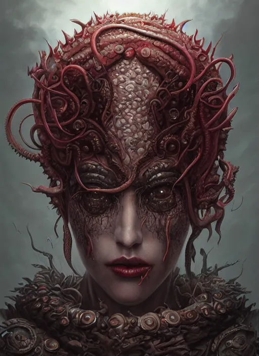 Image similar to a hyper detailed face portrait of the queen of blades, wide eyes, diablo 4 lilith, sideshow figurines, cthulu, by tom bagshaw, artgerm, dorian cleavenger, zdzisław beksinski trending on artstation