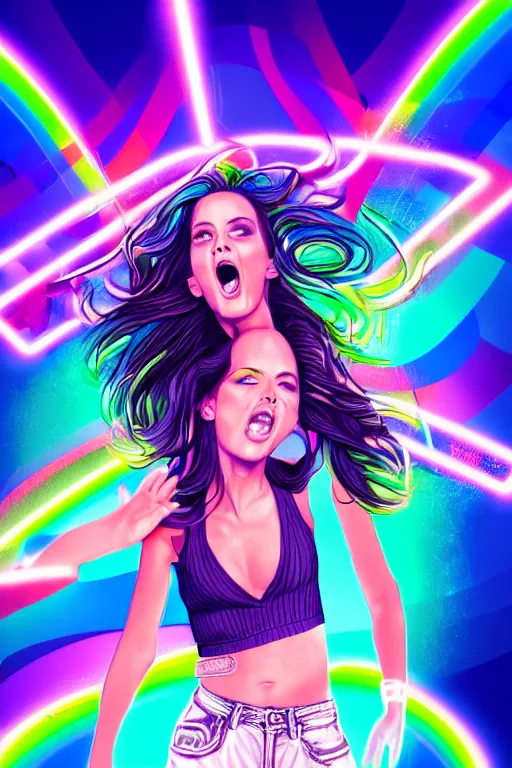Prompt: a award winning half body portrait of a beautiful woman with stunning eyes in a croptop and cargo pants with rainbow colored ombre hairstyle head in motion and hair flying singing by thomas danthony, outlined by whirling illuminated neon lines, outrun, vaporware, shaded flat illustration, digital art, trending on artstation, highly detailed, fine detail, intricate