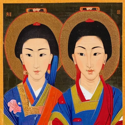 Image similar to portrait of 2 different asian looking girls close up looking at each other in iconography style theophanes the greek glitter chinese ornament dress