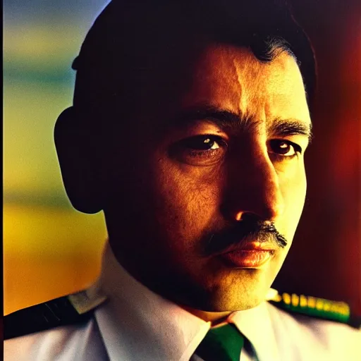 Image similar to a long shot, color studio photographic portrait of a mexican pilot, dramatic backlighting, 1 9 9 3 photo from life magazine,
