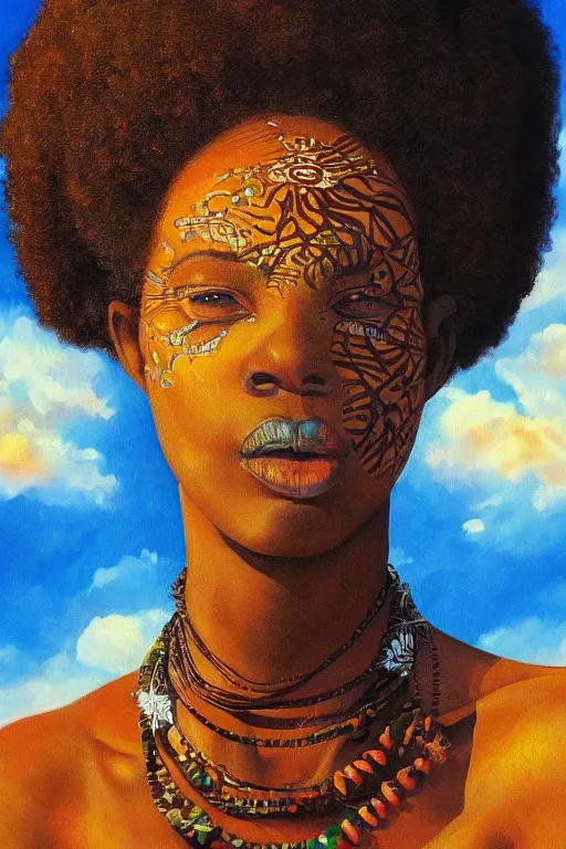 Image similar to painting of african mother nature floating through the sky, inspired by gustav moreau and wayne barlow, exquisite detail, hyper realism, ornate, exquisite detail, cute face