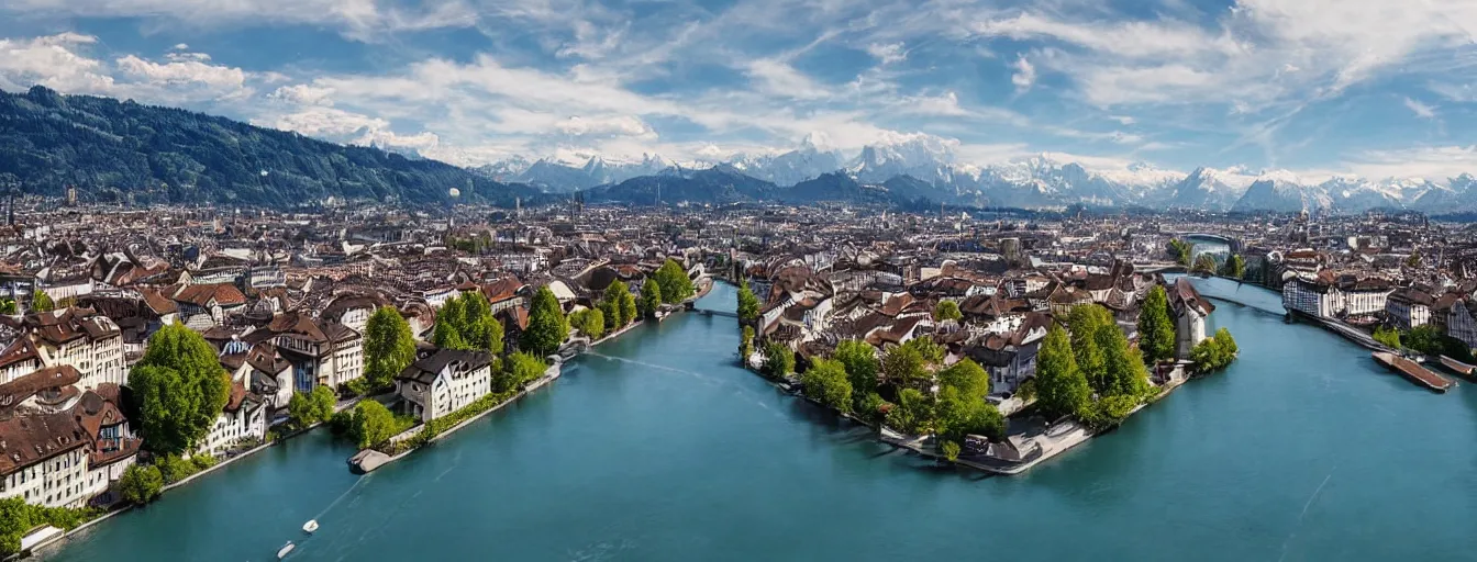 Image similar to Digital painting of Zurich, looking down the Limmat and the lake and the alps, wide angle, volumetric light, hyperdetailed, light blue water, artstation, cgsociety, 8k