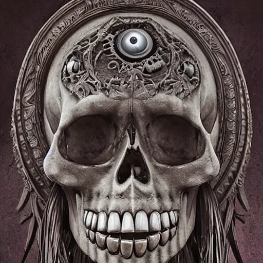 Prompt: a award winning stunning photograph of a skull with eyeballs and ornate carvings