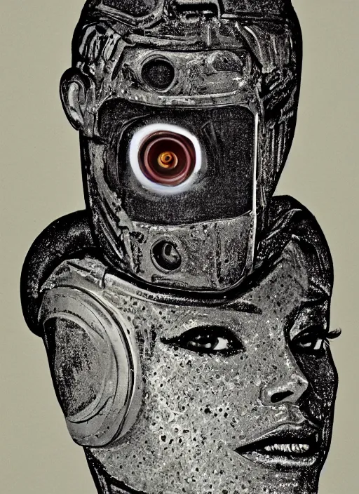 Prompt: portrait of robot queen with chrome skin and sodium dome car headlights for eyes