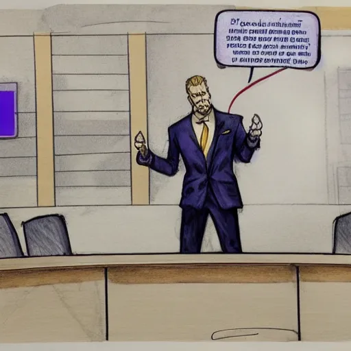 Prompt: court room sketch of thanos explaining his plans to the jury with a diagram of the infinity gauntlet.