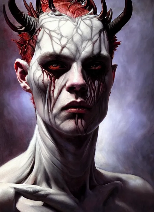 Image similar to half demon half human man intricate skin pattern texture, elegant, peaceful, full body, white horns, hyper realistic, extremely detailed, dnd character art portrait, dark fantasy art, intricate fantasy painting, dramatic lighting, vivid colors, deviant art, artstation, by edgar maxence and caravaggio and michael whelan and delacroix.