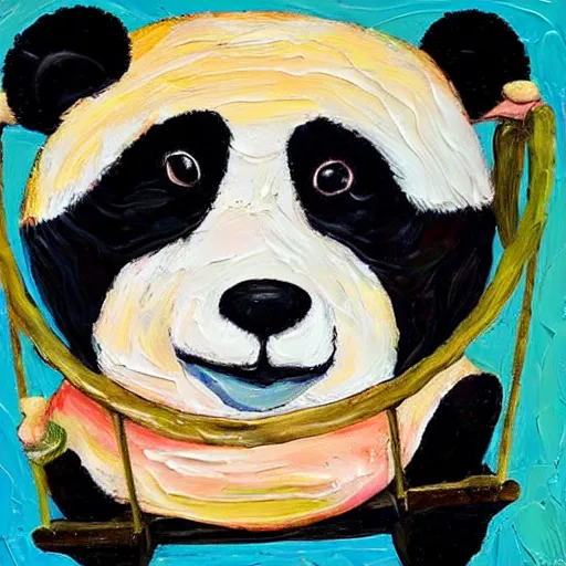 Prompt: beautiful and adorable and cute acrylic! impasto! painting of a sad, crying panda bear on a playground swing