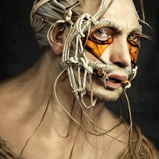 Image similar to portrait of a Shibari rope wrapped face and neck, headshot, insanely nice professional hair style, dramatic hair color, digital painting, of a old 17th century, old cyborg merchant, mouth wired shut, amber jewels, baroque, ornate clothing, scifi, realistic, hyperdetailed, chiaroscuro, concept art, art by Franz Hals and Jon Foster and Ayami Kojima and Amano and Karol Bak,