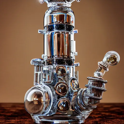 Image similar to studio photography of the world's most expensive bong, multiple and complex network of pipes, made of chrome, swarovski, detailed, ornaments, studio lighting