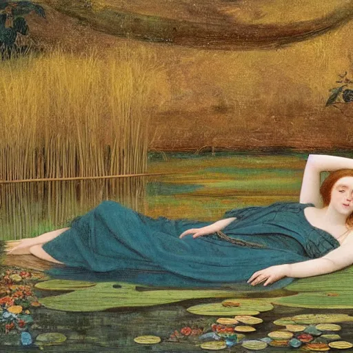 Prompt: breathtaking masterpiece of art, elizabeth eleanor siddall as ophelia laying down in shivasna floating down the river amongst the reeds fully clothed in flowing medieval robes by rosetti, 8 k