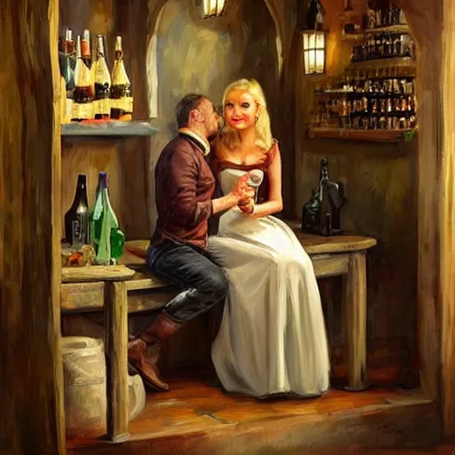 Image similar to (((((Boba Fett))))) and a beautiful young blonde drinking beer in a wine cellar, food, meat, schnapps, torches on the wall, romantic, inviting, cozy, painting by Vladimir Volegov