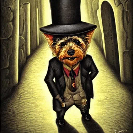 Prompt: detective yorkshire terrier wearing a fedora hat, in a dark alley, by Dan Seagrave art