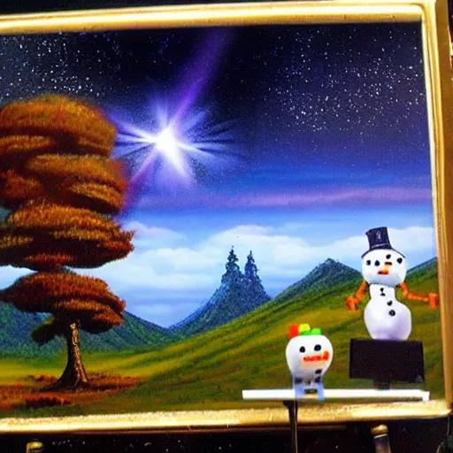 Image similar to Bob Ross Scenery with Robot Alien Snowmen Shooting Laser Beams at Things in the sky. Epic Amazing Insanity. Salvia Droid Joker .