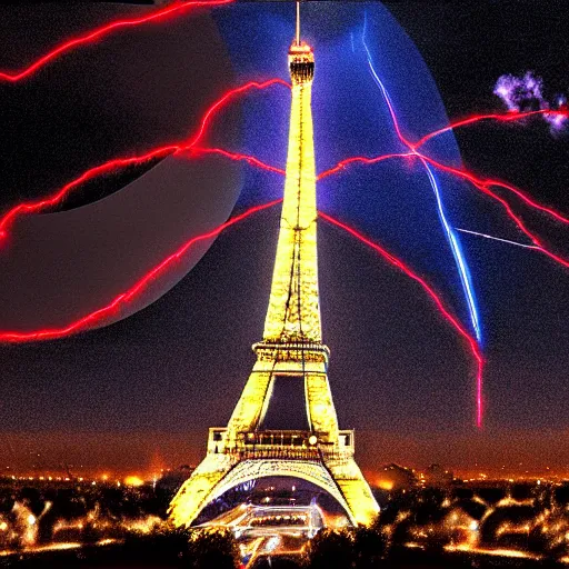 Image similar to Eiffel tower in Paris as giant charged tesla coil with blue white red lightning bolts all over the sky filled with dark clouds, epic city landscape digital art