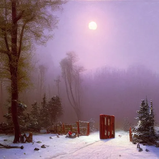 Prompt: The gateway into winter, cottagecore, by Simon Stålenhag and Albert Bierstadt, oil on canvas