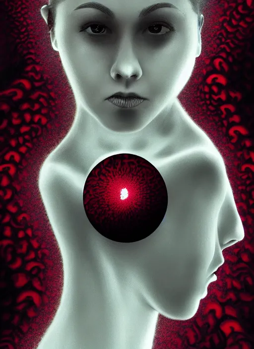 Image similar to dramatic dark red matte portrait painting of woman with black mandelbrot fractal instead of face, horror, body horror, dark art, 4 k, detailed, realistic, psychotic, insane, crazy, mental illness, dramatic,