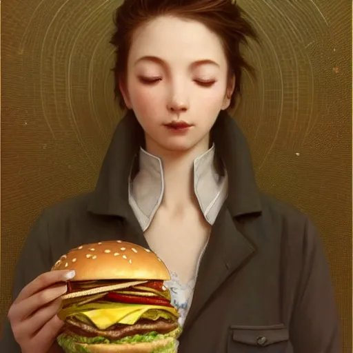 Prompt: an attractive serene cute android eating a hamburger, luscious sesame seed buns with extra ketchup pickles and onions, partially human , partially biomedical design , natural atmosphere, great high details, highly reaslitic, cinematic lighting, intricate, elegant, super highly detailed, art station, concept arD, beautiful, delicate, art by artgerm and greg rutkowski and alphonse mucha and loish and WLOP