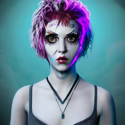 Image similar to punk women portrait made out of paint, short hair, octane render, highly detailed, realistic, tim burton and bob ross comic book art, matte painting, holographic, trending on artstation, cinematic, splashes of neon, sacred geometry in the background, 2 d