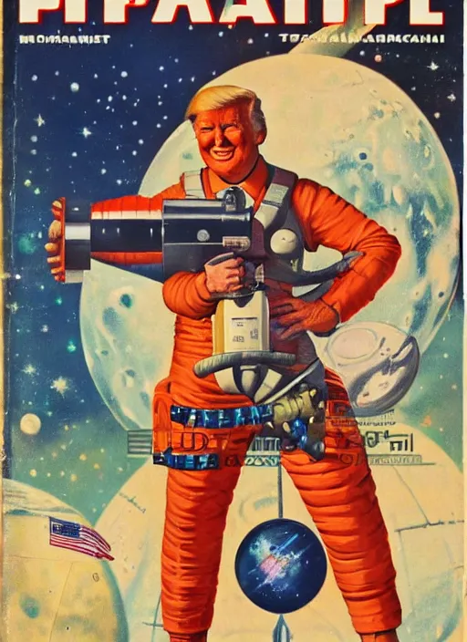 Image similar to 5 0 s sci fi pulp magazine cover of donald trump astronaut on mars holding a ray gun by norman rockwell, by drew struzan, high res