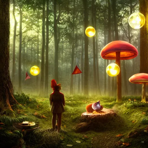 Image similar to A hyper real comic book style portait painting of an enchanted forest with toadstools and a forest hut. Soap bubbles in the air. A fox is watching, unreal 5, hyperrealistic, octane render, cosplay, RPG portrait, dynamic lighting