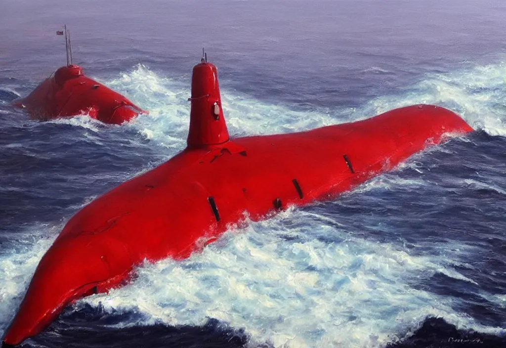 Image similar to realistic oil painting of a submarine in a red ocean!!