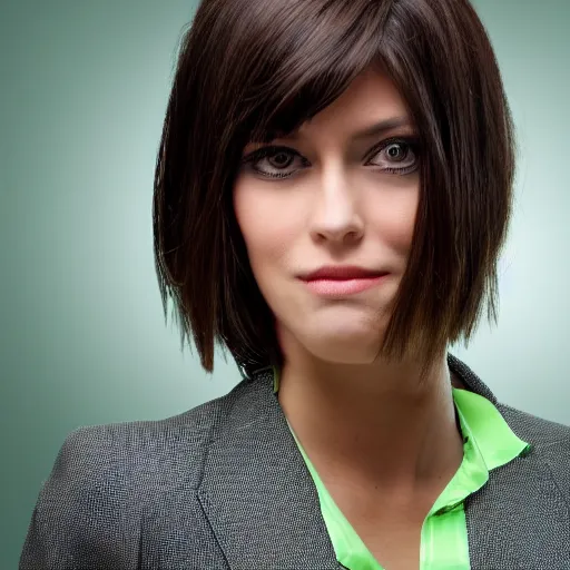 Image similar to brunette woman, short messy hair, business suit, bright green eyes