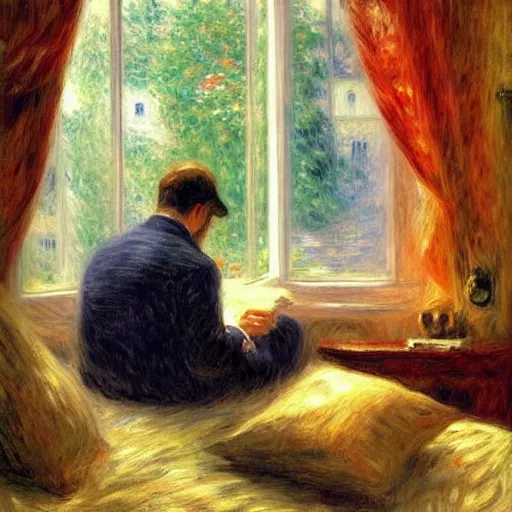 Image similar to on a rainy day, someone in home sits in bed, curled up under the covers, watching the rain outside the window, cinematic, artstation, extremely detailed, intricate, cinematic lighting, art by pierre - auguste renoir, gustave caillebotte