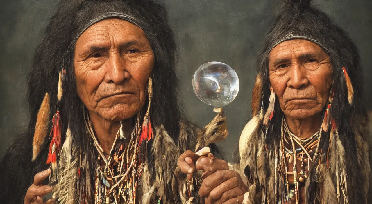 Image similar to a portrait of a native american shaman holding a light