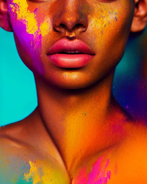 Image similar to photo half body portrait of very beautiful woman, face emerging from pool of colorful oils, brown skin, realism, extreme detail, real life, key art, soft light, volumetric light, 3 - d shadows, photo by james jean and wlop, photoshoot