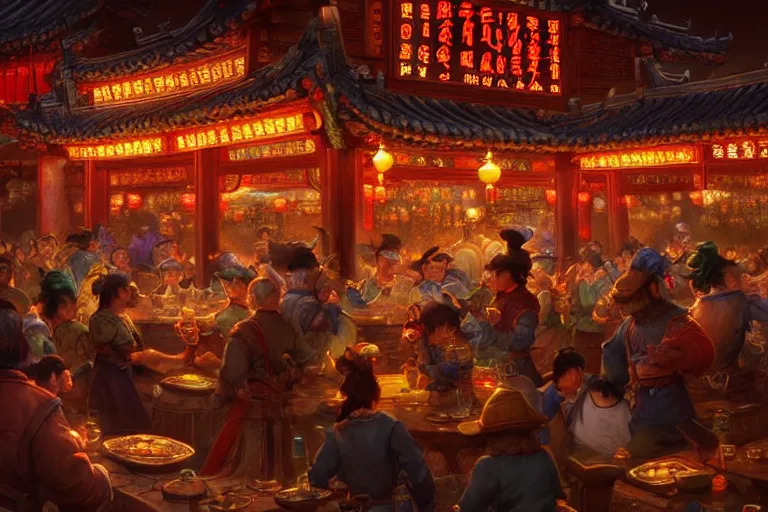 Image similar to fantasy art of a bustling tavern in china, at night, by justin gerard, highly detailed digital art, trending on artstation