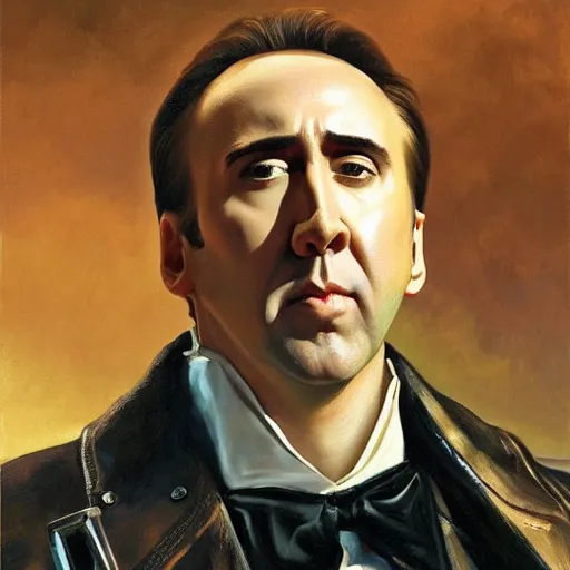 Prompt: Nicolas Cage as an Android, oil on canvas, golden hour, artstation, by J. C. Leyendecker and Peter Paul Rubens,