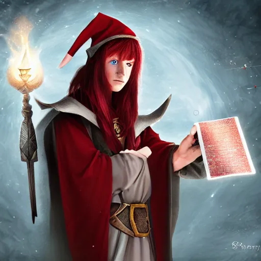 Prompt: a fantasy elf that is a wizard, holding a spell book and a dagger, with red hair, blue eyes, and is tall, 4 k digital art