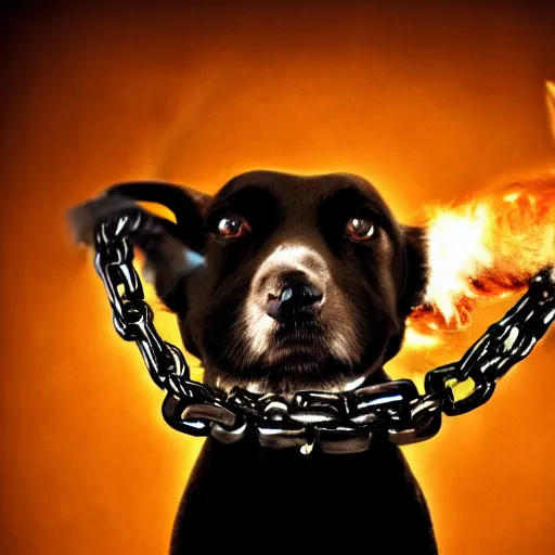 Prompt: gangster courage dog, hd, scary, chains in neck, handgun, explosion behind, dark, smooth, fine,