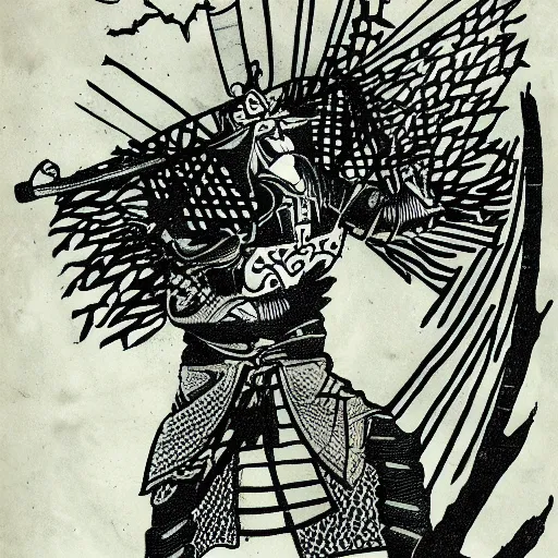 Image similar to a samurai with black demon wings flying towards a tree god rays are shining on him and the tree