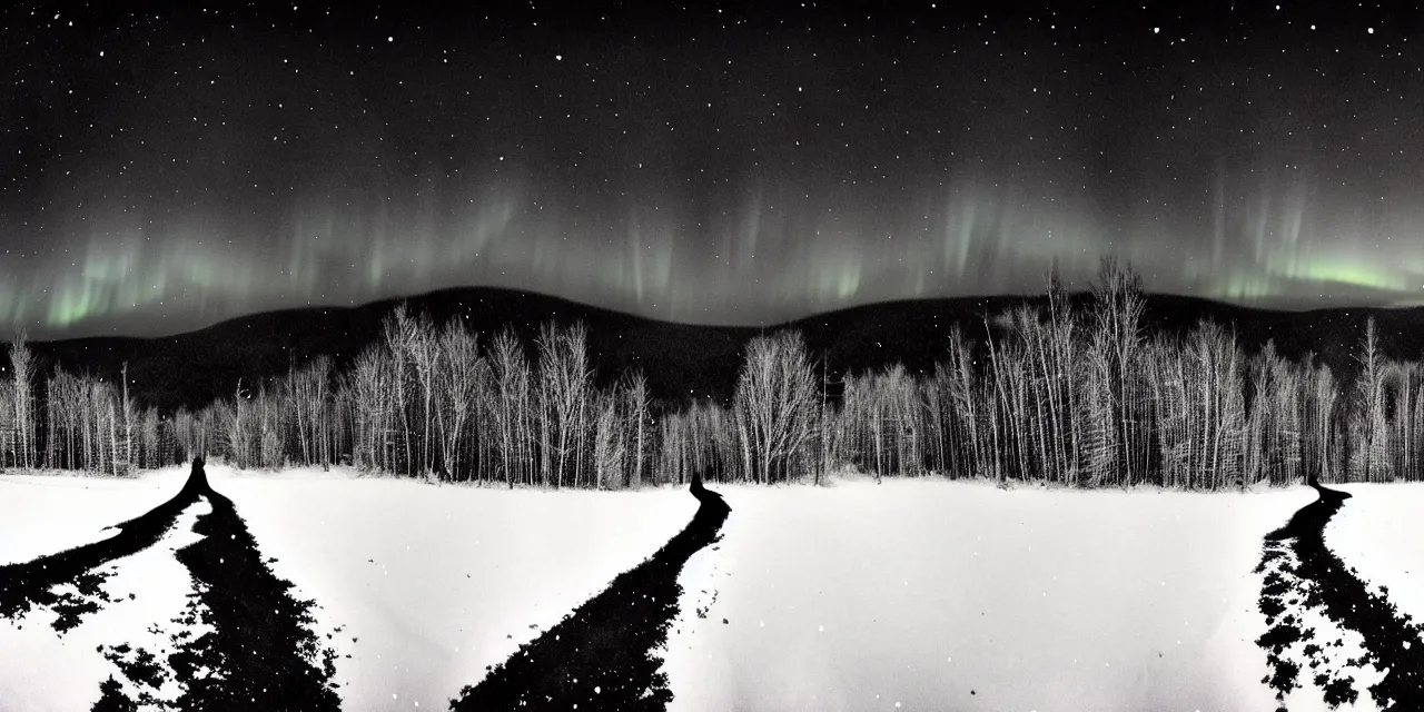 Image similar to laurentian appalachian mountains in winter, unique, original and creative black ink landscape, surrealist artwork, wide angle panorama, snowy night, distant town lights, aurora borealis, deers and ravens, lonely human walking, footsteps in the snow, fascinating textures, outstanding composition