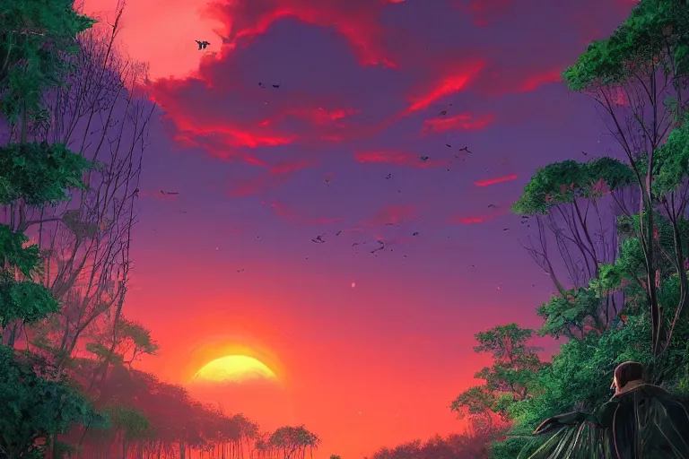 Prompt: gorgeous scarlet android beautiful sunset in the distance through the forest, jungle mountains in the background with immense trees, highly detailed, trending on art station, flying birds in the distance