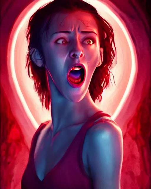 Image similar to beautiful Stella Maeve screaming in fear in a red cave, blue lighting deep in the cave, symmetrical face symmetrical eyes, red hair, portrait, Charlie Bowater character art, no long neck, cinematic lighting