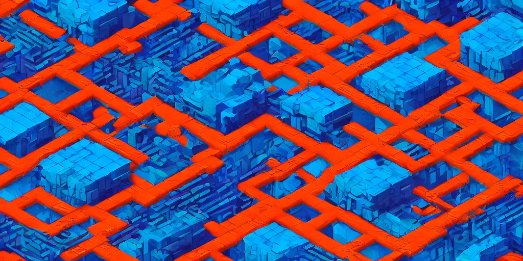 Image similar to cyberpunk dungeon, ancient caves, blue and orange neon lines along the wall,, large cubic blocks line the floor in a spaced out pattern, bluestone walls, trending on artstation