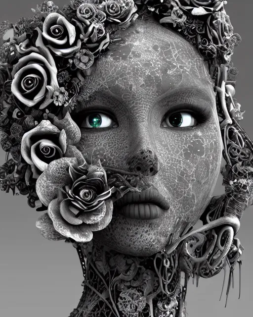 Image similar to mythical dreamy black and white organic bio-mechanical spinal ribbed profile face portrait detail of translucent steampunk beautiful siamese sisters females angelic-human-queen-vegetal-cyborg, highly detailed, intricate trnaslucent ivy jelly ornate, poetic, translucent roses ornate, 3D render, digital art, octane render, 8K artistic photography, photo-realistic, by Dora Maar