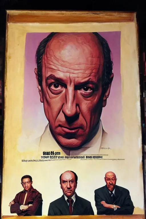 Prompt: drew struzan painting of saul goodman, mike ehrmantraut, kim wexler, and gustavo fring, hd, detailed, photorealistic, perfect likeness, 8 0 s movie poster, rim light